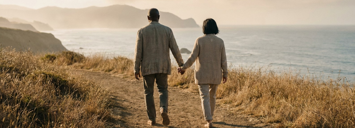 Couple walking a coastal path in the morning