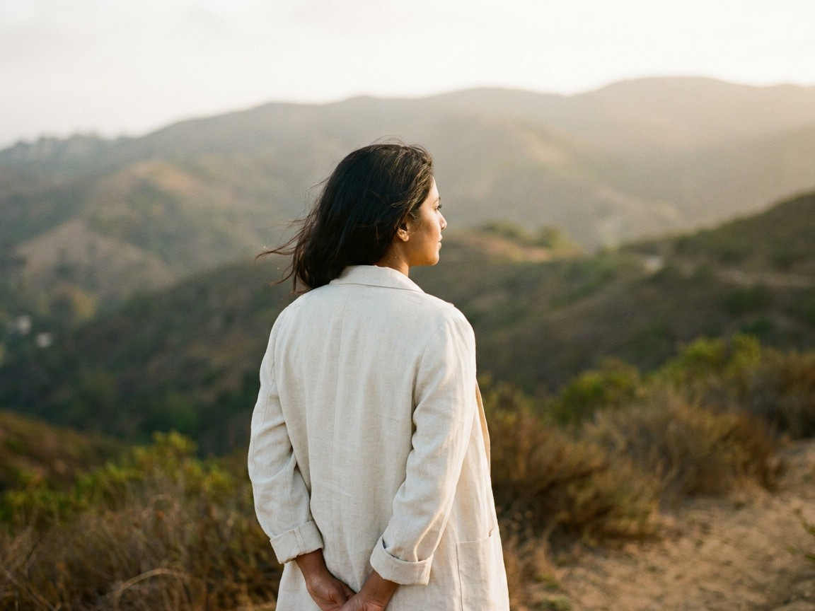 Woman looking out over hills at golden hour