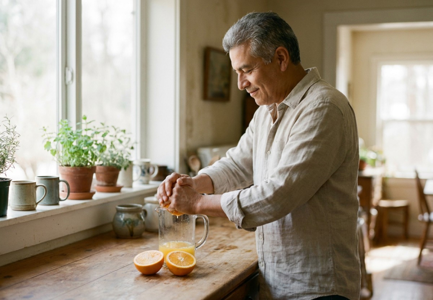 Man squeezing oranges at a kitchen counter