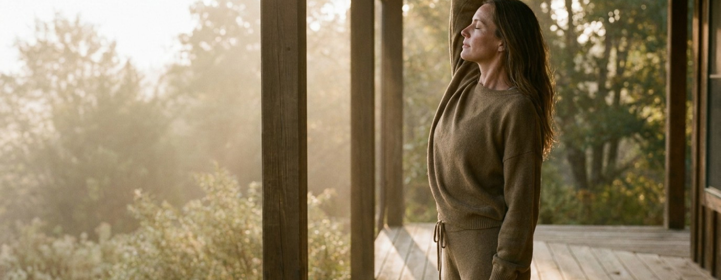 Woman stretching on a porch at sunrise